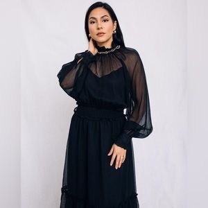 New Sheer Sleeves
Mock Neck Midi Dress